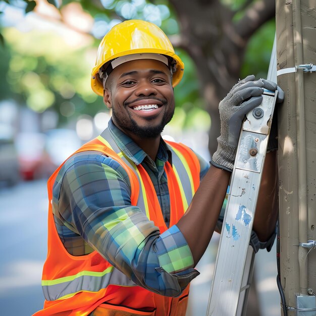 man wearing hard hat is stands working electric power line repairing network 326694 215030